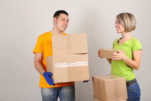 Packed office equipment ready for transport during a Hounslow business move