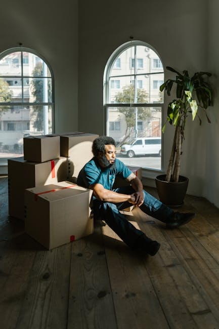 A man with curly hair, dressed in a blue T-shirt and dark jeans, is seated on a wooden floor inside a room illuminated by natural light coming through two large, arched windows. The windows provide a clear view of a street with parked cars and nearby buildings. Surrounding the man are several cardboard boxes, some sealed with red tape, suggesting they are packed for moving or home relocation. The boxes are stacked and arranged near him, indicating they are part of the packing process. To the right of the man, there is a tall indoor plant in a black pot, adding greenery to the space. The room’s walls are painted white, creating a neutral background that highlights the packing and moving activity. This image reflects the process of furniture transport and packing during house removals, with [COMPANY_NAME], such as Removal Company Hounslow, often involved in coordinating such home relocation tasks, including the loading and transportation stages of removals.